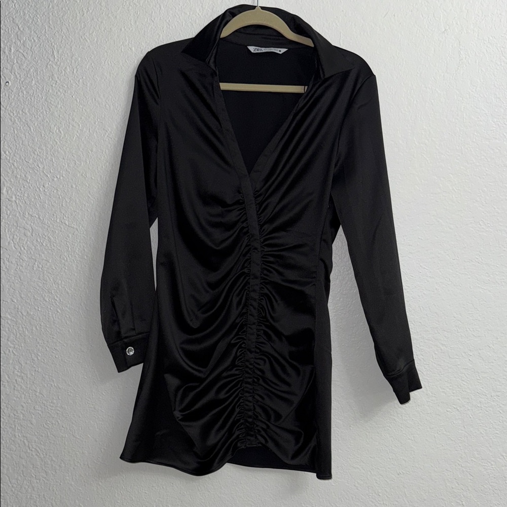 Zara Chic Black Gathered Long Sleeve Dress